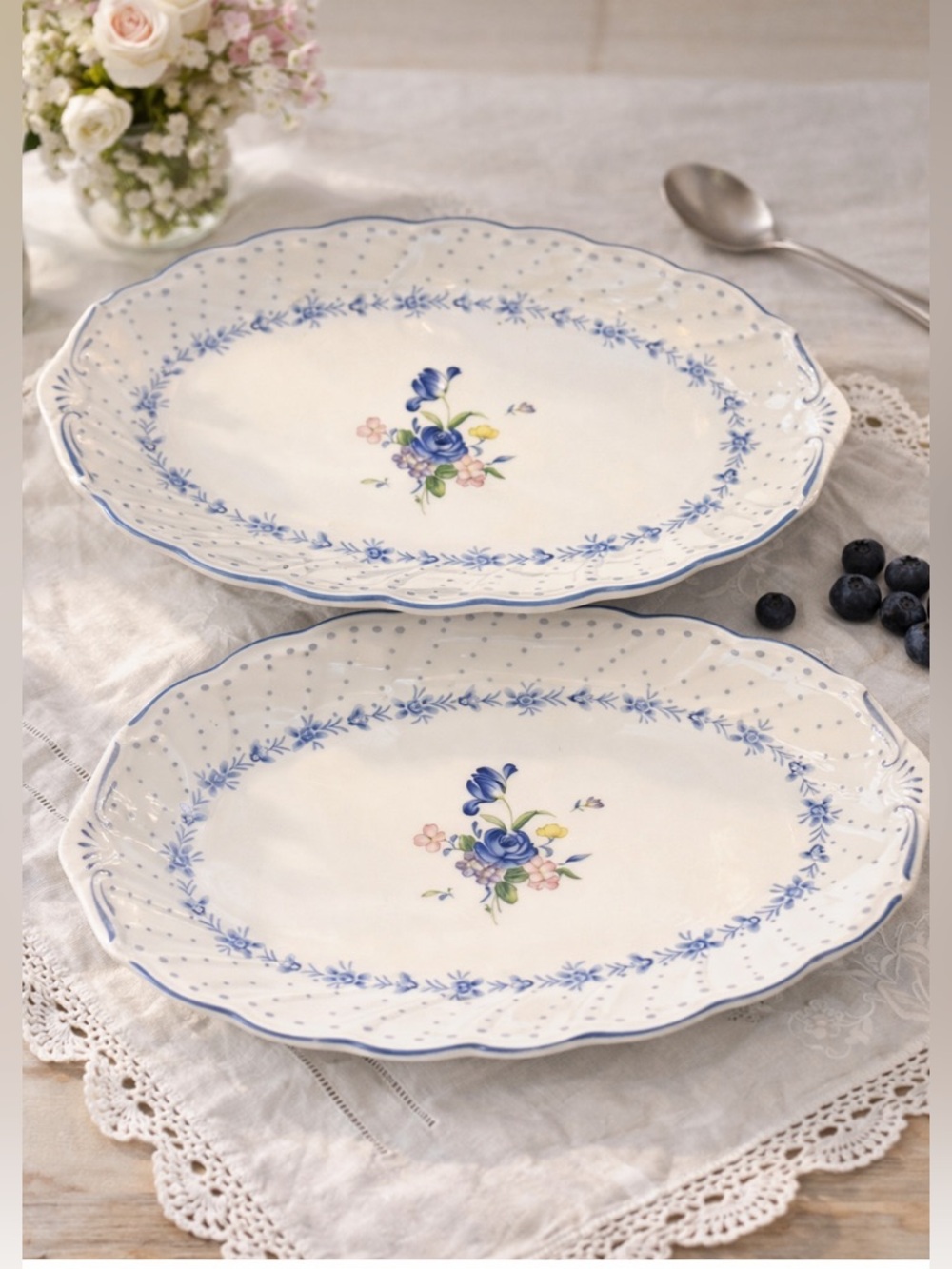 Nikko Ceramics White Porcelain Serving Platters with Blue Floral Motif